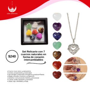 Set Relicario con 7 cuarzos naturales corazón intercambiables