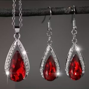 Conjunto collar y aretes gotas glamour rojas