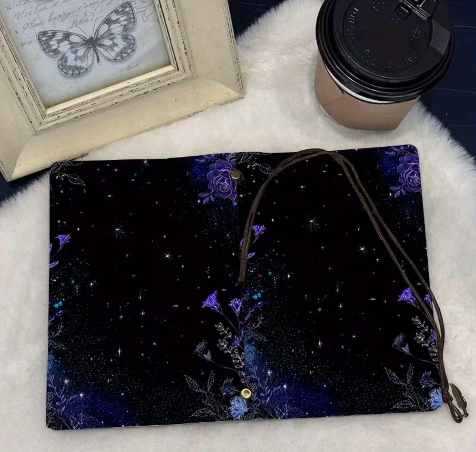 Cuaderno artesanal noche con flores violetas - Imagen 2