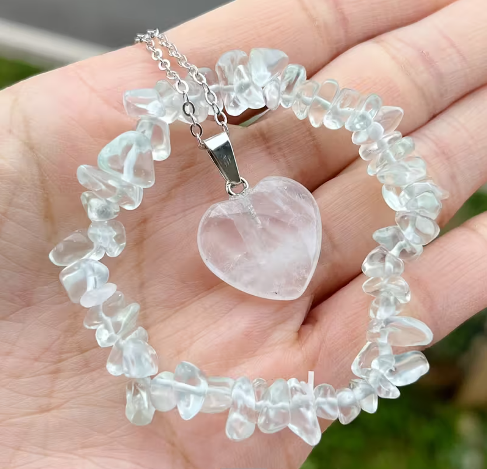 Collar de corazón y pulsera Cuarzo blanco