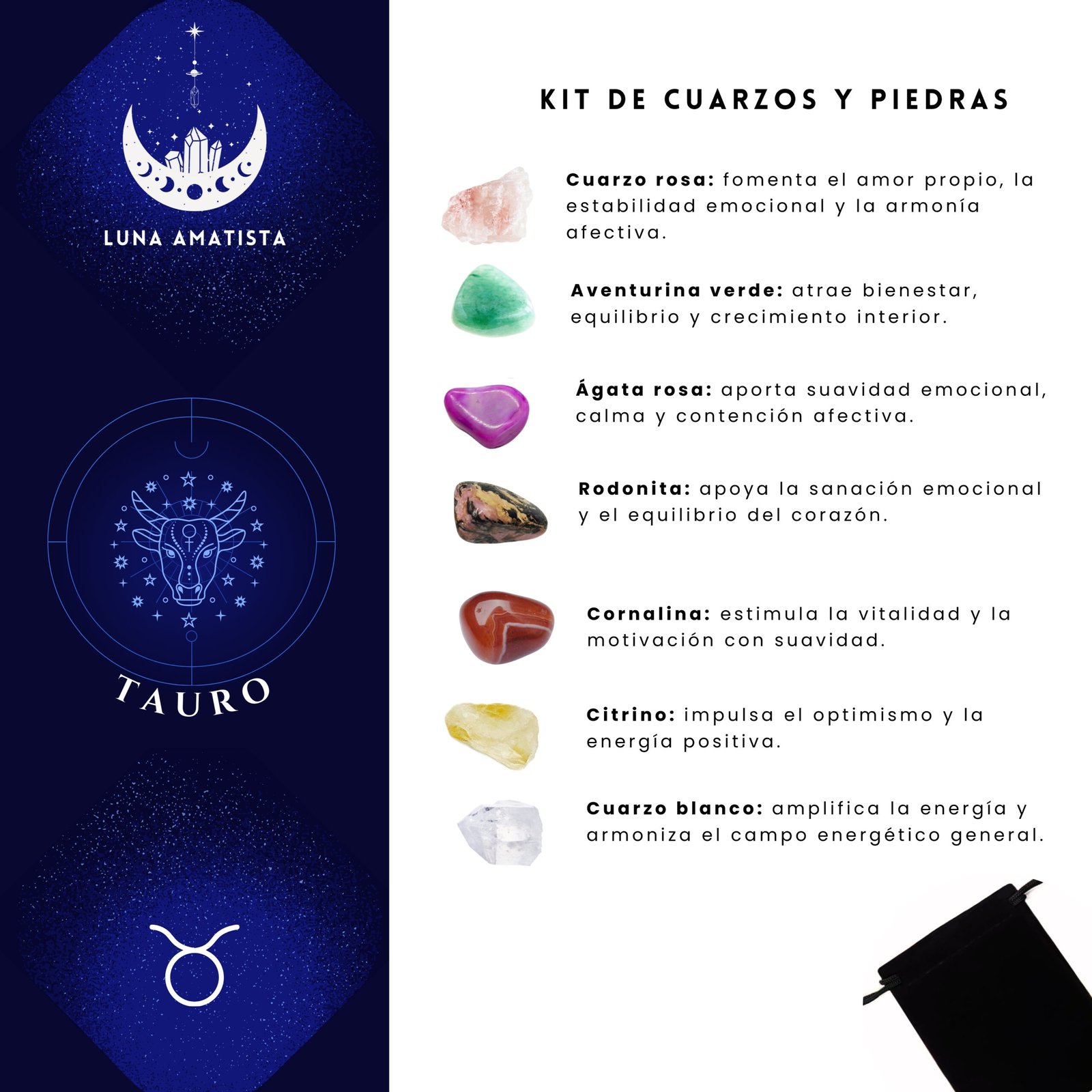 Kit de 7 Cuarzos y piedras naturales Tauro - Imagen 2