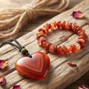 Collar de corazón de ágata roja natural y pulsera