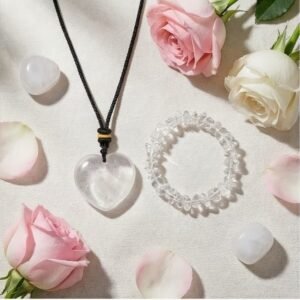Conjunto collar corazón y pulsera cuarzo blanco