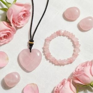 Conjunto collar corazón y pulsera cuarzo rosa